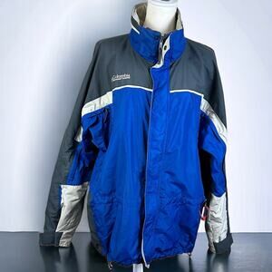 Columbia Weather Jacket Men Large Blue Gray Rain Snow Hidden Zip Pockets